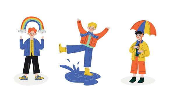 Little Boy Splashing in Puddle and Walking with Umbrella Enjoying Spring Season Set vector