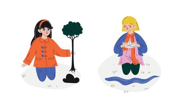 Little Girl Planting Tree Sapling in Soil and Playing with Paper Boat in Stream Enjoying Spring Season Set vector