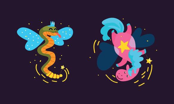 Winged Snake and Unicorn Flying with Magic Wand Set vector