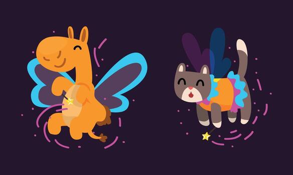 Winged Camel and Cat Flying with Magic Wand as Fairy or Pixie Set vector