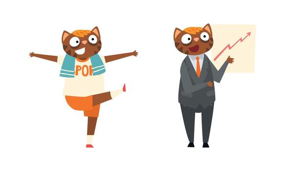 Cat Businessman Character in Formal Suit and Tie Showing Chart and Doing Physical Exercise Set vector