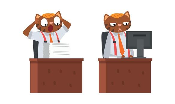 gato empresario personaje en Corbata a escritorio en frente de cargas de papel documentos y a computadora conjunto vector
