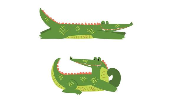 Funny Green Crocodile with Toothy Smile in Lying Pose Set vector