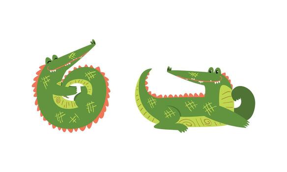 Funny Green Crocodile with Toothy Smile in Lying and Cuddling Pose Set vector
