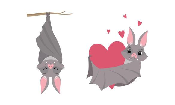 Funny Gray Bat with Cute Snout Embracing Heart and Hanging Upside Down on Tree Branch Sleeping Set vector
