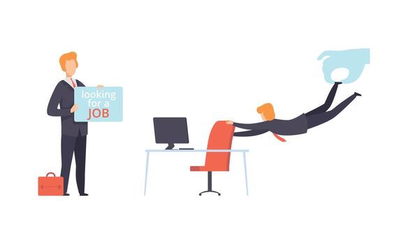 Man Character Searching for Job Standing with Banner and Leaving His Job Place Set vector