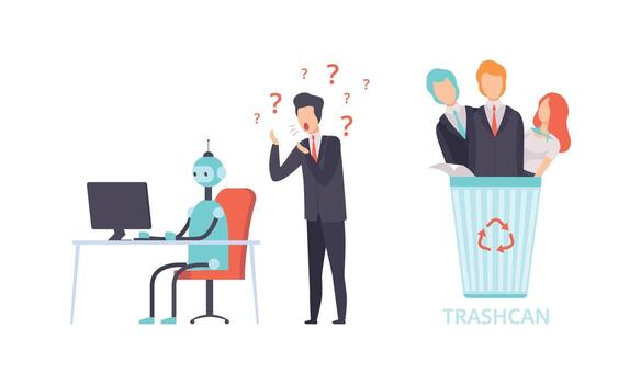 robot reemplazando hombre y mujer personaje en oficina trabajo lanzamiento ellos en basura compartimiento conjunto vector