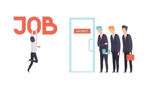 People Character Searching for Job Standing in Line for Interview Set vector