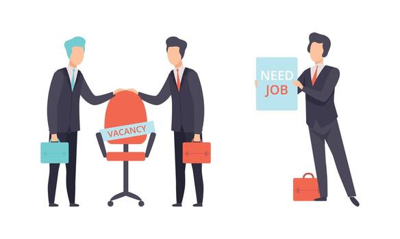 Man Character Searching for Job Standing with Placard Begging for Vacancy Set vector