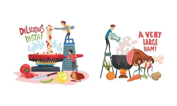 Tiny Man Character Cooking Pasta in Frying Pan and Boiling Ham Set vector