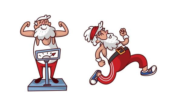 Santa Claus in Red Pants and Tank Top Weighing and Running Set vector