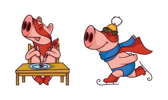 Pink Pig in Red Superhero Cloak and Mask Ice Skating and at Table Ready to Eat Set vector