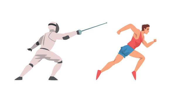 Man Character Sprinting and Doing Fencing Set vector