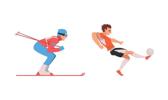 Man Character Skiing and Playing Football in Boots Set vector