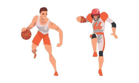Man Character Playing Basketball and Rugby Game Set vector