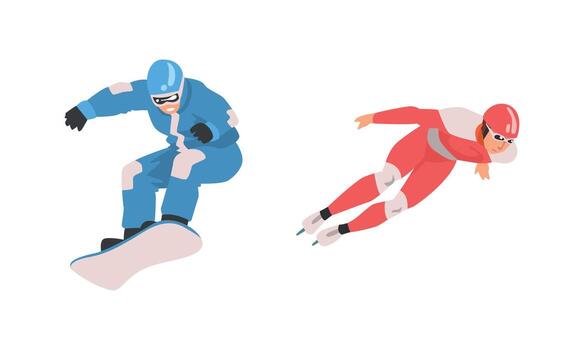 Man Character Ice Skating and Snowboarding Set vector