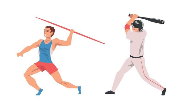 Man Character Throwing Javelin and Playing Baseball with Bat Set vector
