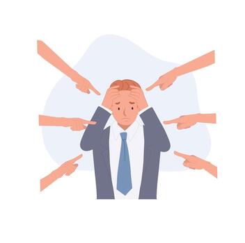 Blaming Bullying on work concept. Businessman as a victim of bullies. harassment and hate attack, social blame vector