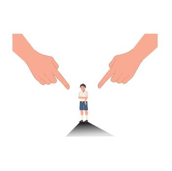 Blame and shame against children concept. small of student boy with huge hands as parent's expectation. Flat cartoon illustration vector