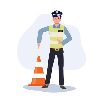 A traffic police is pointing index finger to traffic cone as emphasis that do not pass or park here. Flat cartoon illustration vector