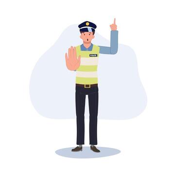 un tráfico policía gesticulando a detener y dando sugerencia. señalando índice dedo. plano dibujos animados ilustración vector