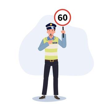 Speed limit concept. A traffic police is blowing whistle holding speed limit sign and pointing index finger to emphasis. Flat cartoon illustration vector