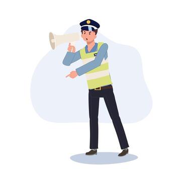 un tráfico policía utilizar megáfono y señalando índice dedo. mando a hacer como narración. plano dibujos animados ilustración vector