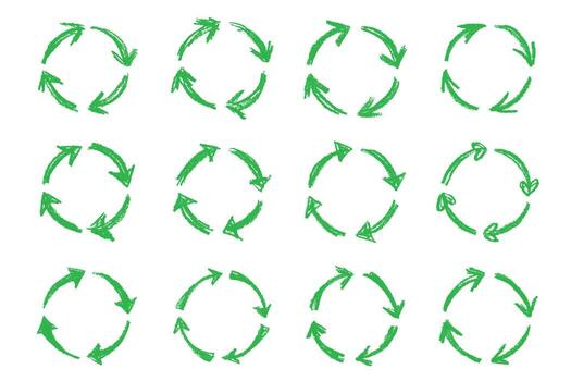 Set of hand drawn recycle arrow icon Recycling resources symbol Reuse of materials, zero waste, green environment, saving the planet rotation isolated vector
