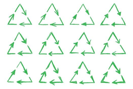 Set of hand drawn recycle arrow icon Recycling resources symbol Reuse of materials, zero waste, green environment, saving the planet rotation cycle vector