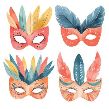 Four decorative masks with colorful feathers artistic design and whimsical details vector