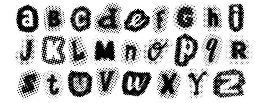 Black halftone alphabet. Retro pixelated different letters design. Comic pop art cut out font. Grunge textured dotted abc. Old newspapers typography set. Rasterized bitmap English alphabet vector