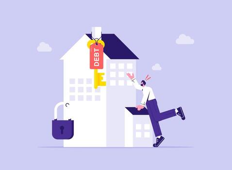 hipoteca pago problema, alojamiento deuda en económico crisis concepto, empresario molesto recoger arriba llave a desbloquear su casa vector