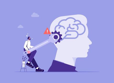 Man fixing a brain with a wrench vector
