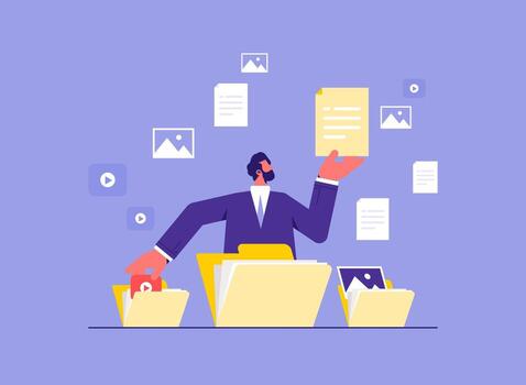 Man organizing digital files and folders vector