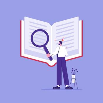 Man examining book with magnifying glass vector