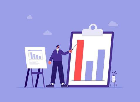 empresario demostración grafico en portapapeles en negocio presentación. concepto de informe, datos analítica, Finanzas lucro y crisis, empresario punto en creciente cartas vector