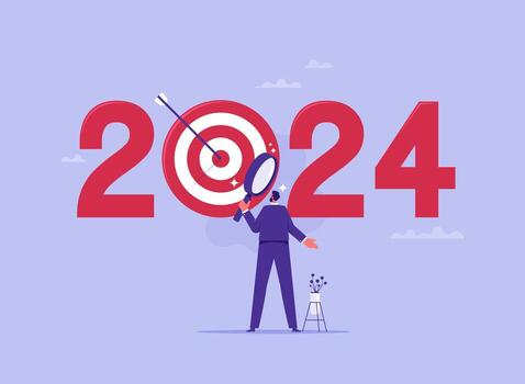 Analysis and development of strategies for business on the new year 2024, planning and setting business goals, businessman zoom magnifying glass picking target or goal business in 2024 vector