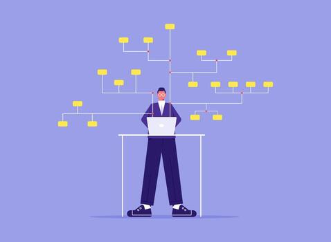 Organizing structure of database concept, company data analysis, businessman analyst building block scheme, developing arranged logic system, flowchart vector