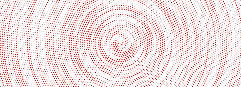Red halftone concentric circle background. Rippled sonic wave ring wallpaper. Dotted radial gradient texture. Rasterized rough backdrop for epicenter, target, radar signal, vibration concept vector