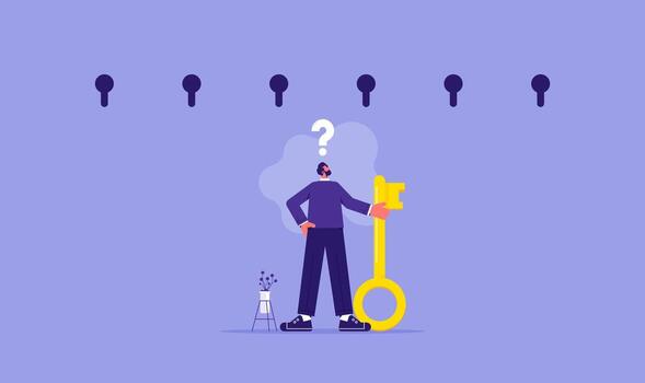 Person holding a large key with question mark vector