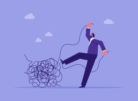 metáfora de negocio problema resolviendo, caos y lío difícil situación, empresario resolviendo un cuerda entrelazado vector