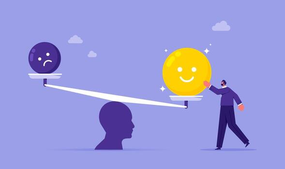 emocional equilibrar y armonía concepto, empresario equilibrado malo y bueno emociones, inestable mental estado y apretado emoción controlar vector