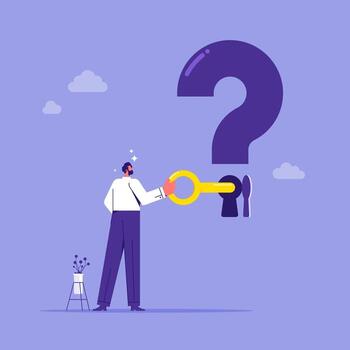 llave a desbloquear respuestas para problema y preguntas concepto, empresario participación grande llave a desbloquear ojo de cerradura en pregunta marca firmar vector