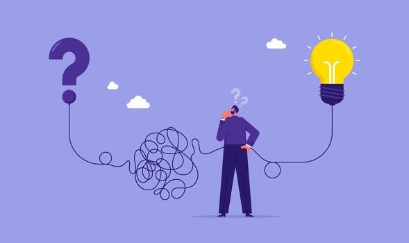 Person thinking with question mark and light bulb vector