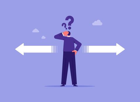 Confused individual between two arrows vector