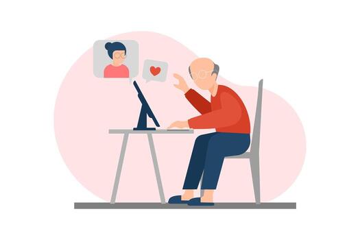 Elderly people using internet. Modern senior man with laptop is using internet to connect and talk with family to create long distance interaction in retirement life.flat style. vector