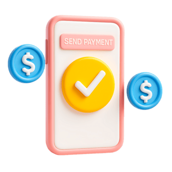 A 3d rendering of a smartphone with a send payment icon isolated on transparent background png