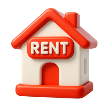 A 3d rendering of a house icon with the word rent isolated on transparent background png