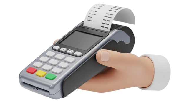 mão segurando uma moderno pos terminal com uma recibo para seguro transações. png