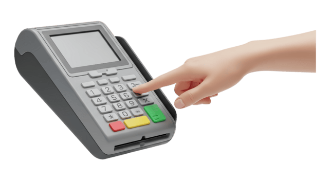 mão entrando números em uma crédito cartão Forma de pagamento terminal para transação. png